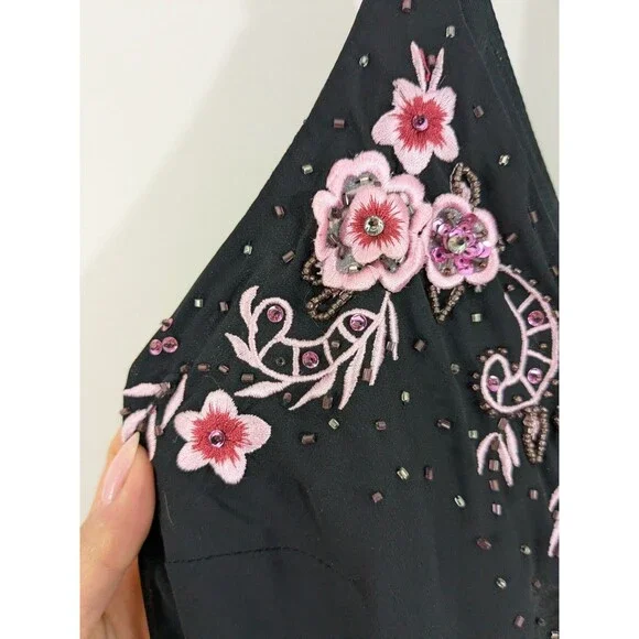 Y2K Floral Embroidered Handkerchief Hem Slip Dress Black Size 12 Bias Cut Fairy - Picture 2 of 9